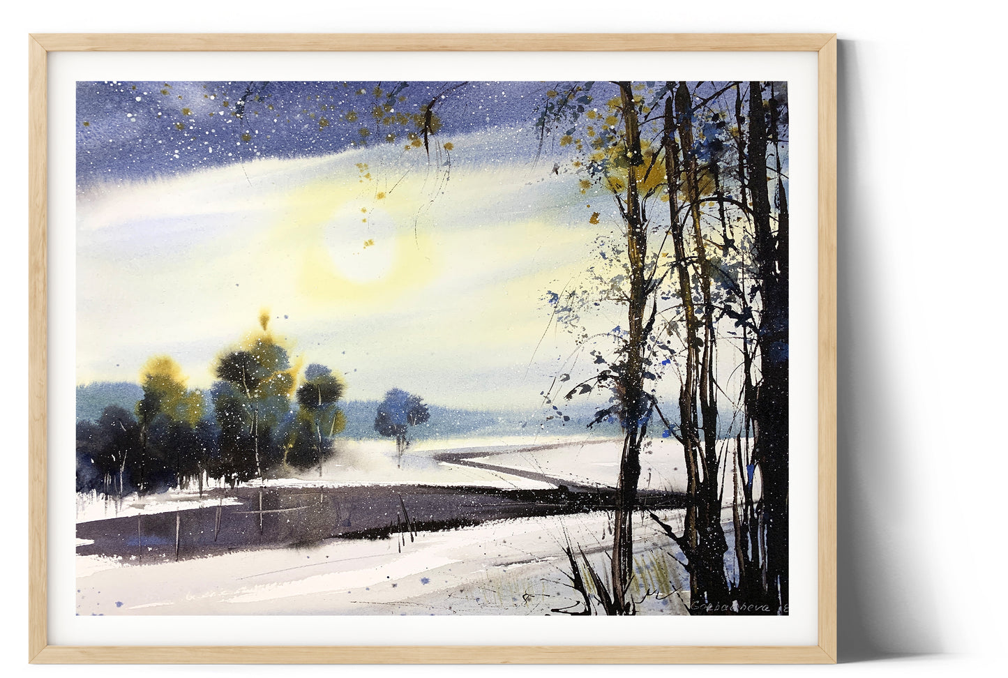 Early Winter Landscape Painting Original Watercolor, Snowy Field Trees Forest, Sun Blue Sky, First Home Gift, Nature Wall Art