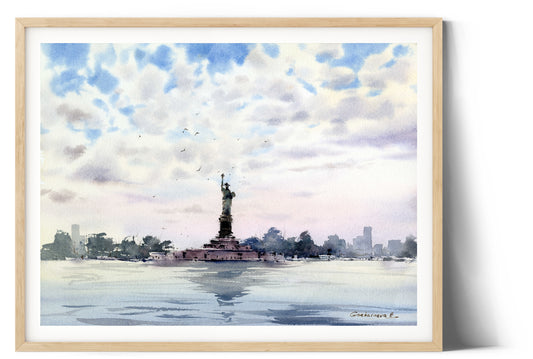 Statue of Liberty Print, New York Wall Art, American Decor, Watercolor Painting, Gift For Independence Day, City Skyline