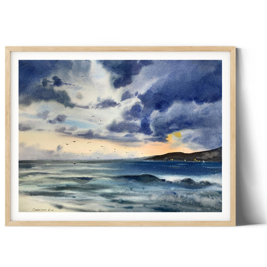 Coastal Painting Watercolor Original, Beach Sea Wave Art, Living room Wall Decor, Unique Gift, Blue, Clouds