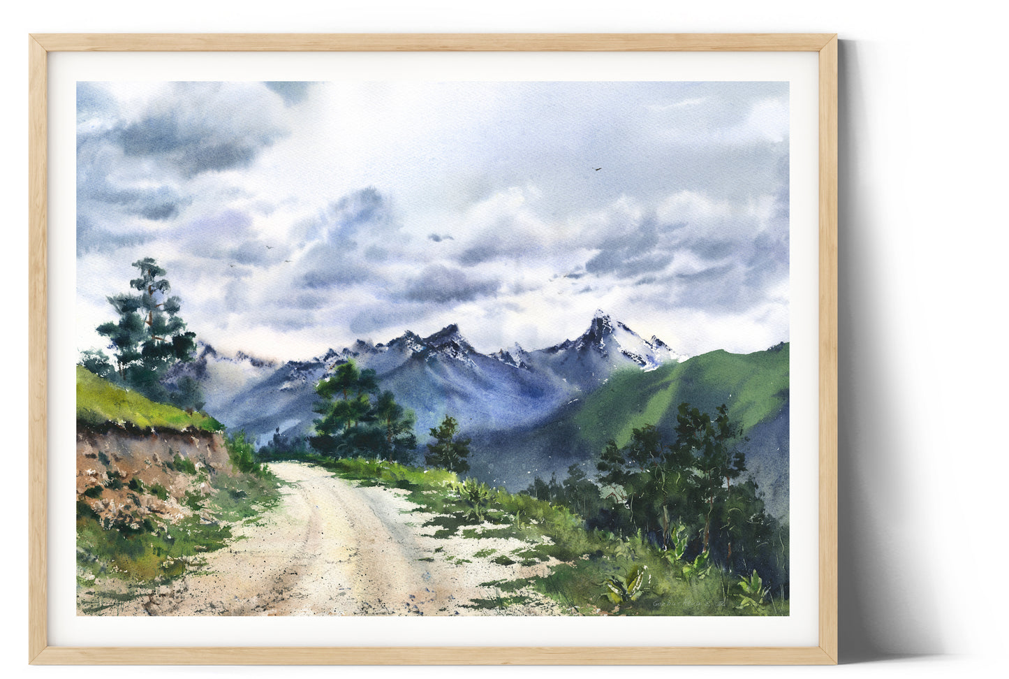 Green Mountain Painting, Watercolor Original Artwork, Nature Landscape "Road to the mountains, Arkhyz #1"
