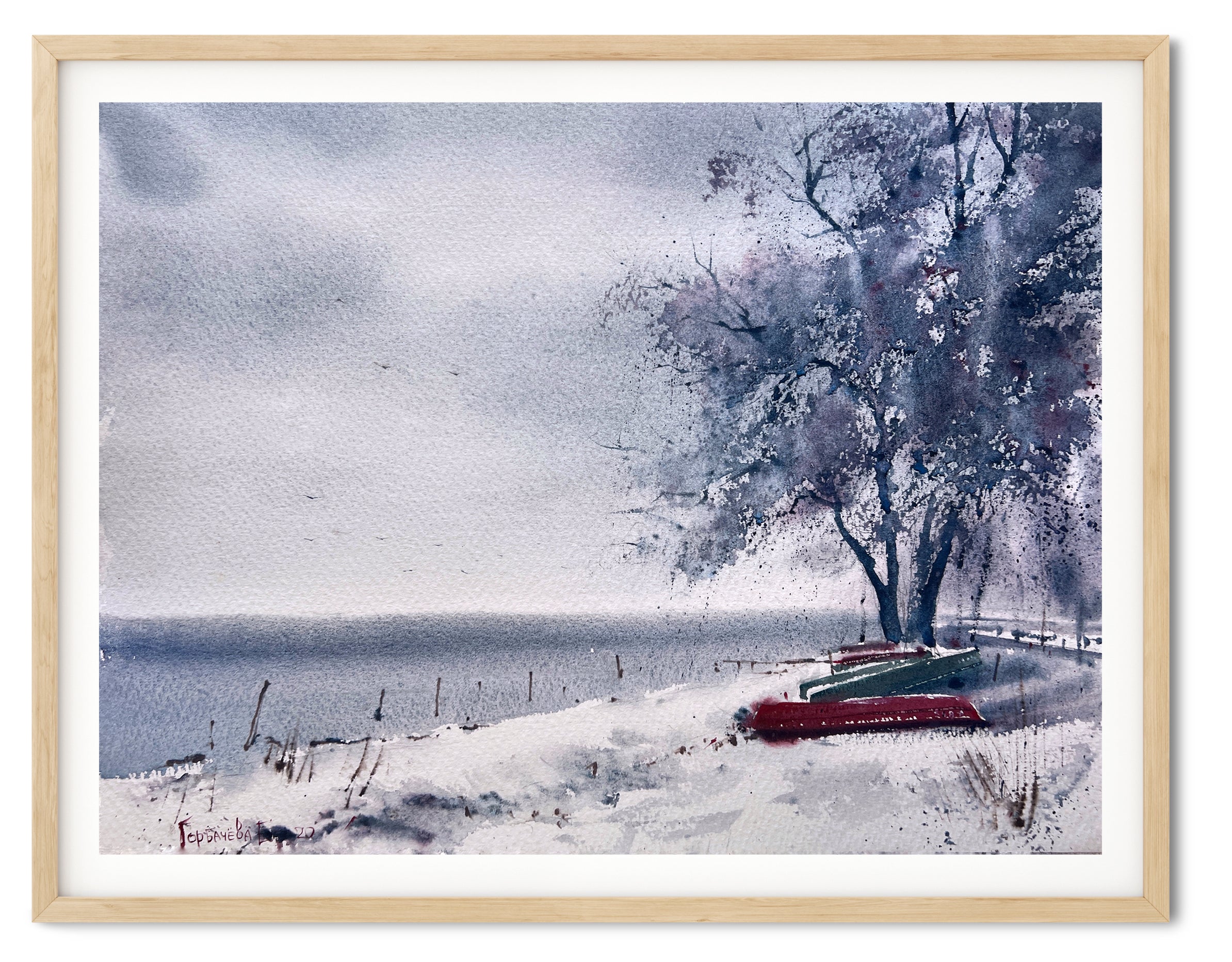 Painting AQUARELLE landscape original piece top : WINTER