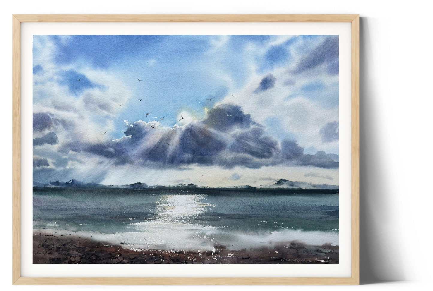 Original Beach Painting Watercolor, Coastal Artwork, Sea Wave, Seaside Wall Decor, Seascape with Clouds and Seagulls, Gift
