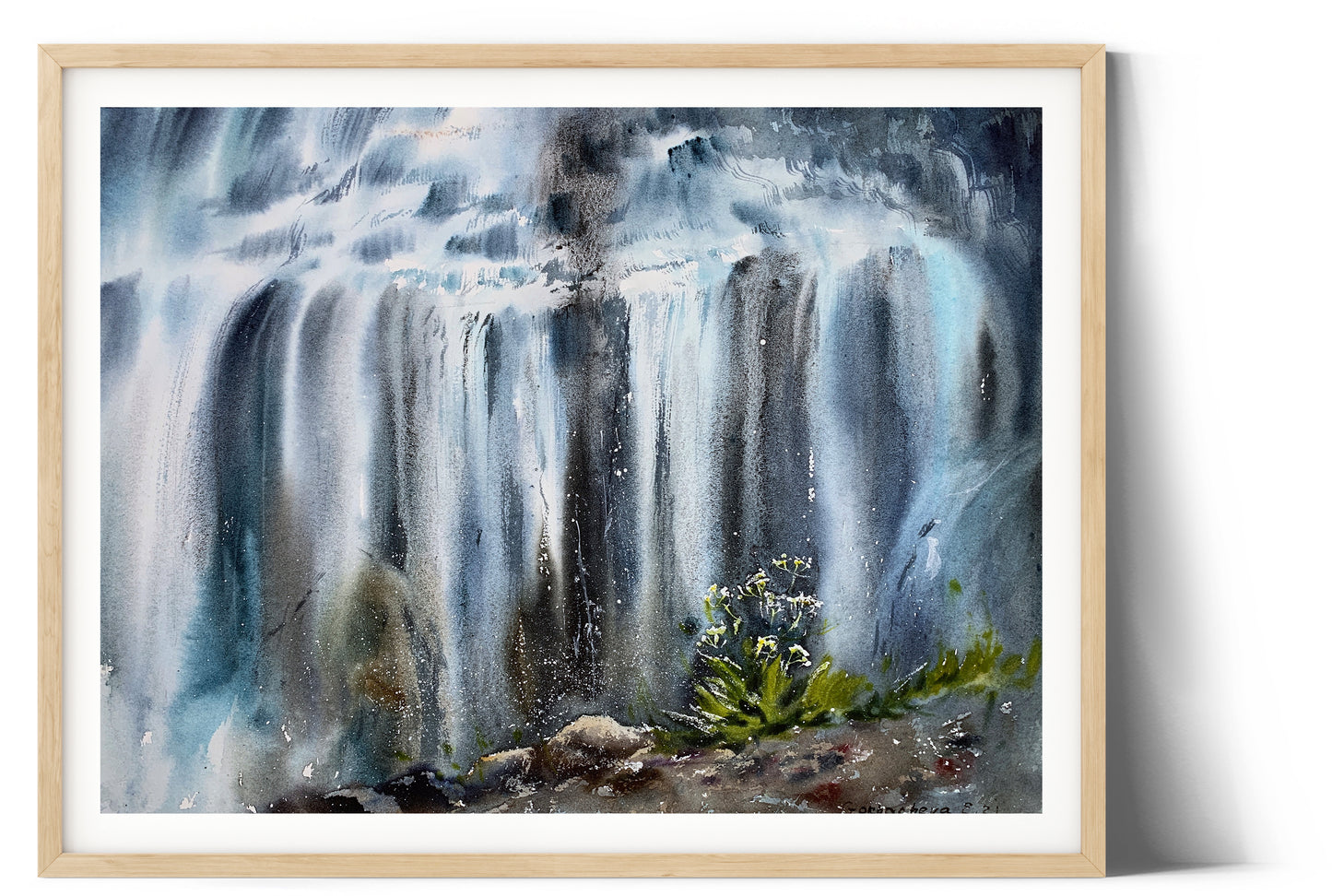 Waterfall Nature Painting Original Watercolor, Tropic Beautiful Landscape, Home Wall Art Decor, Gift For Wife