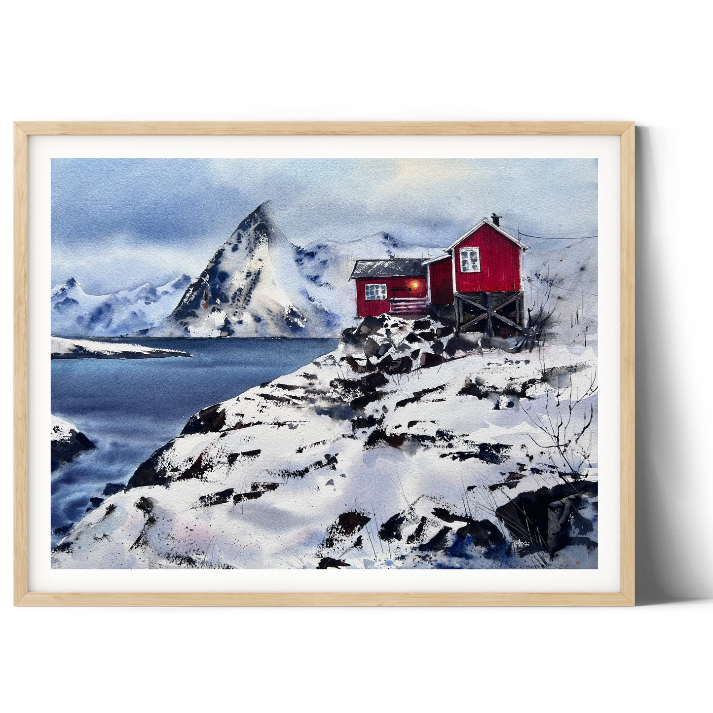 Lofoten Islands Watercolor Painting Original, Red House Art, Winter Landscape Artwork, Norway Village, Fjord Wall Decor