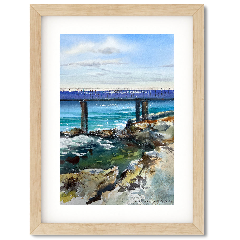 Sea Coast Bridge #2 Original Watercolor Seascape Painting, 8x12