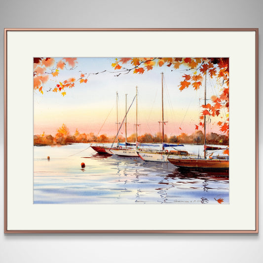 Golden Autumn Yachts Watercolor Original Painting - Marina Scene, 15x20