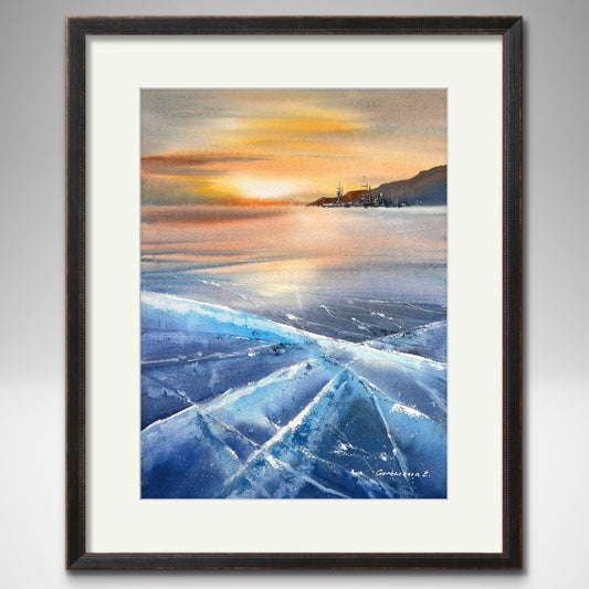 Original Watercolor Art: Lake Baikal Frozen Lake & Orange Sunset Scene