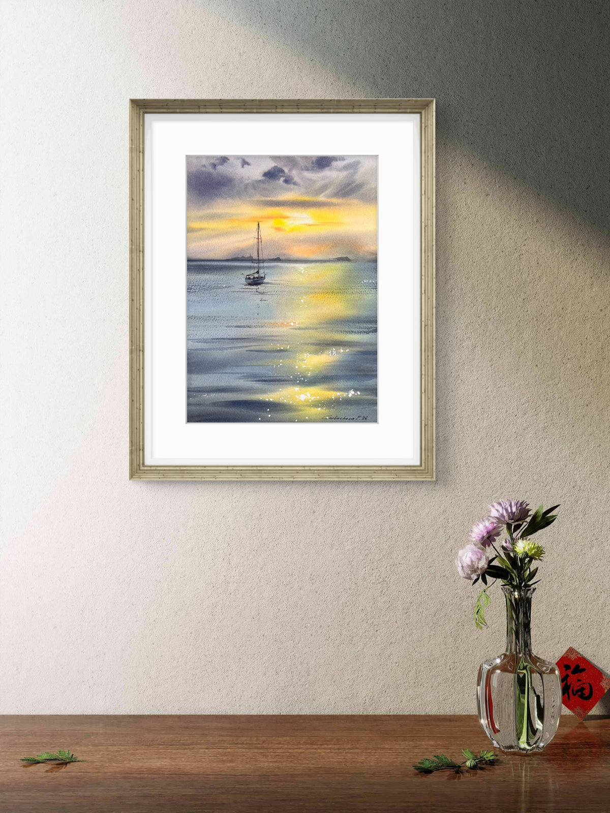 Sunset Sailboat Watercolor, Golden Sea Painting, Yacht in Golden Light 9x12 in