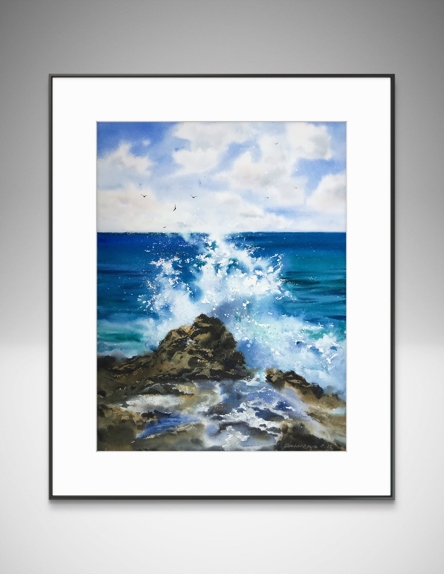Watercolor original painting "Waves and rocks #11", 12x16