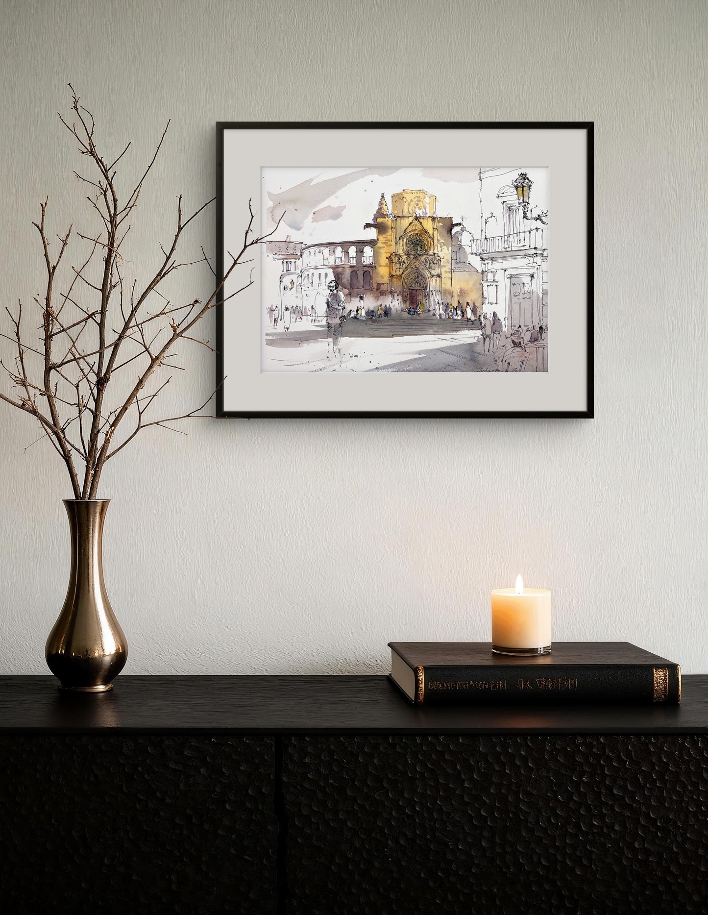 Cityscape Painting Original Watercolor "Golden Cathedral Valencia" - 9x12 in
