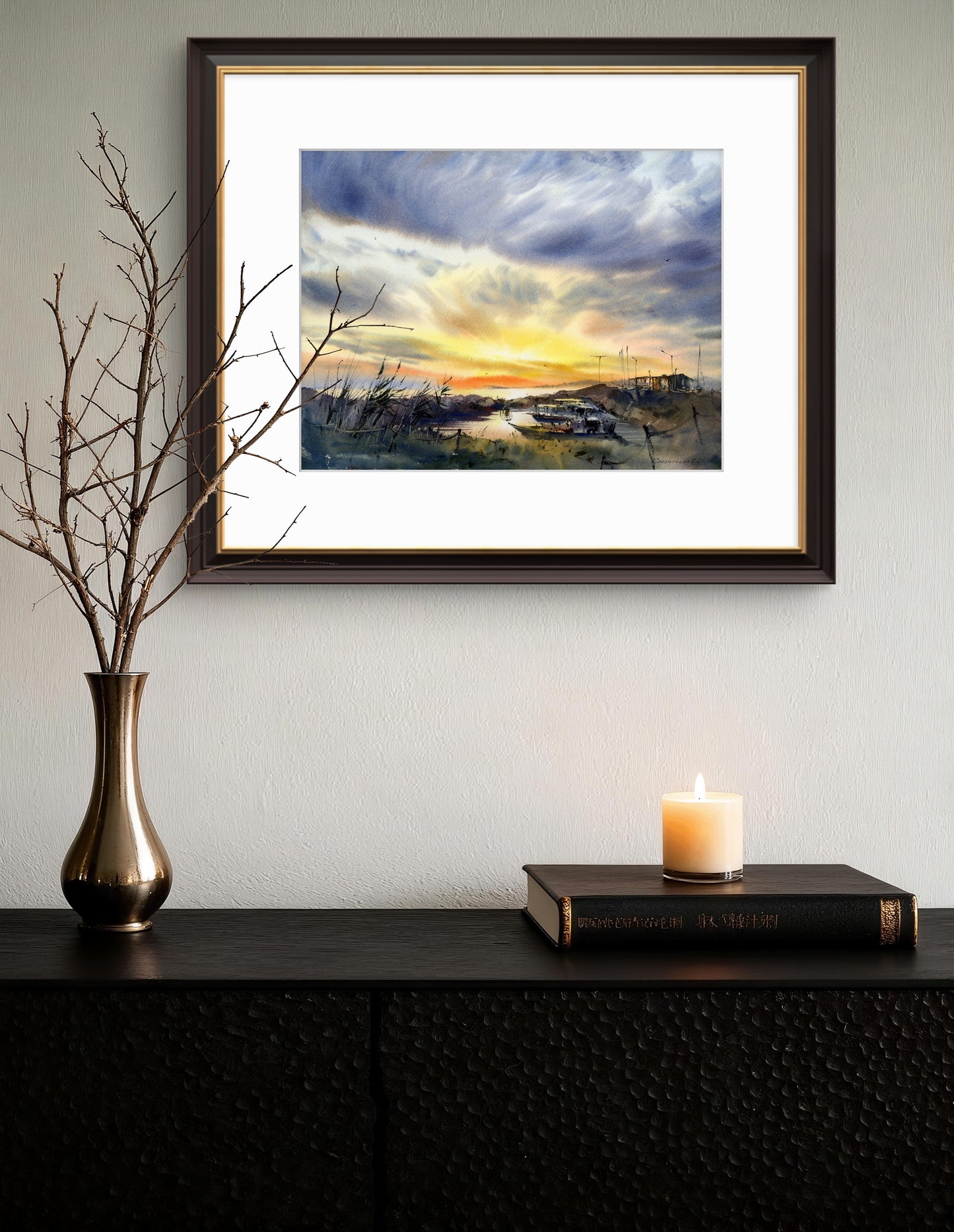 Original Watercolor Painting: Boats on Pier Sunset #4 12x16 in