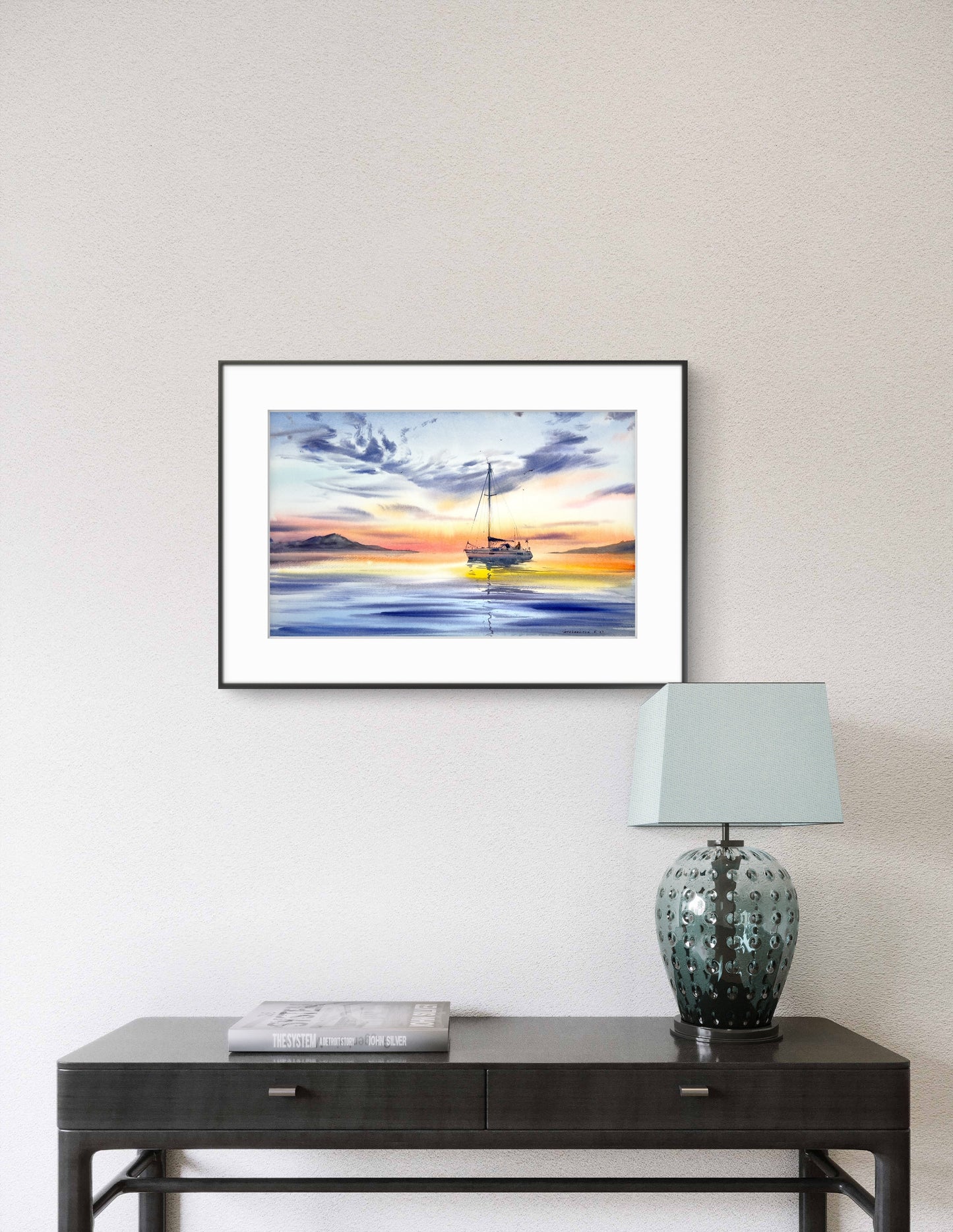 Large Sailboat Sunset Painting, Yachts at sunset #7 13x22 in