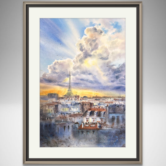 Eiffel Tower & Parisian Architecture Watercolor Painting - Sunset Scene