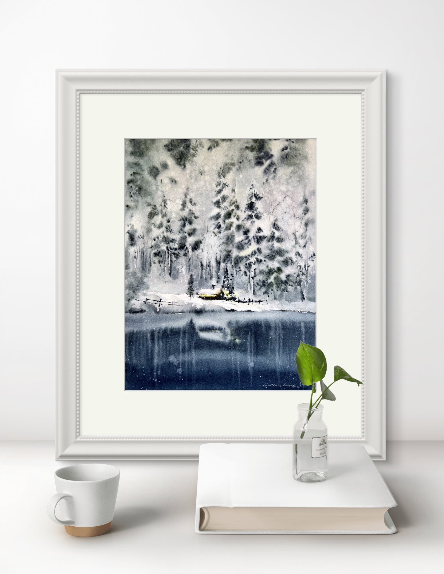 Forest Winter Scene Watercolor Original - Frosty Mountain Artwork, Landscape Painting