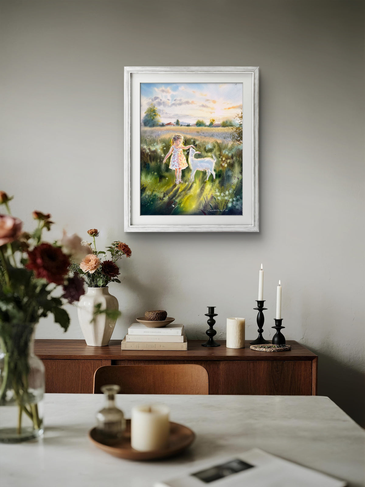 Watercolor Girl and White Goat Painting, Summer Meadow Landscape, The Quiet Joy of Childhood 12x16