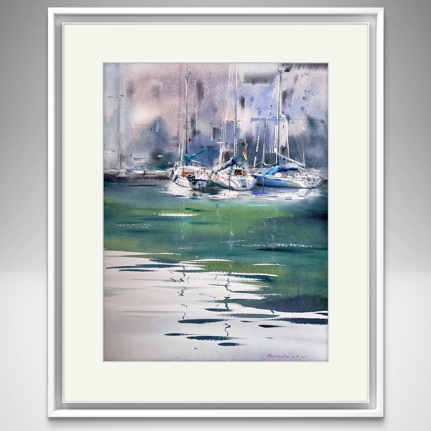 Watercolor art Original Sailboat Painting - Quiet Marina