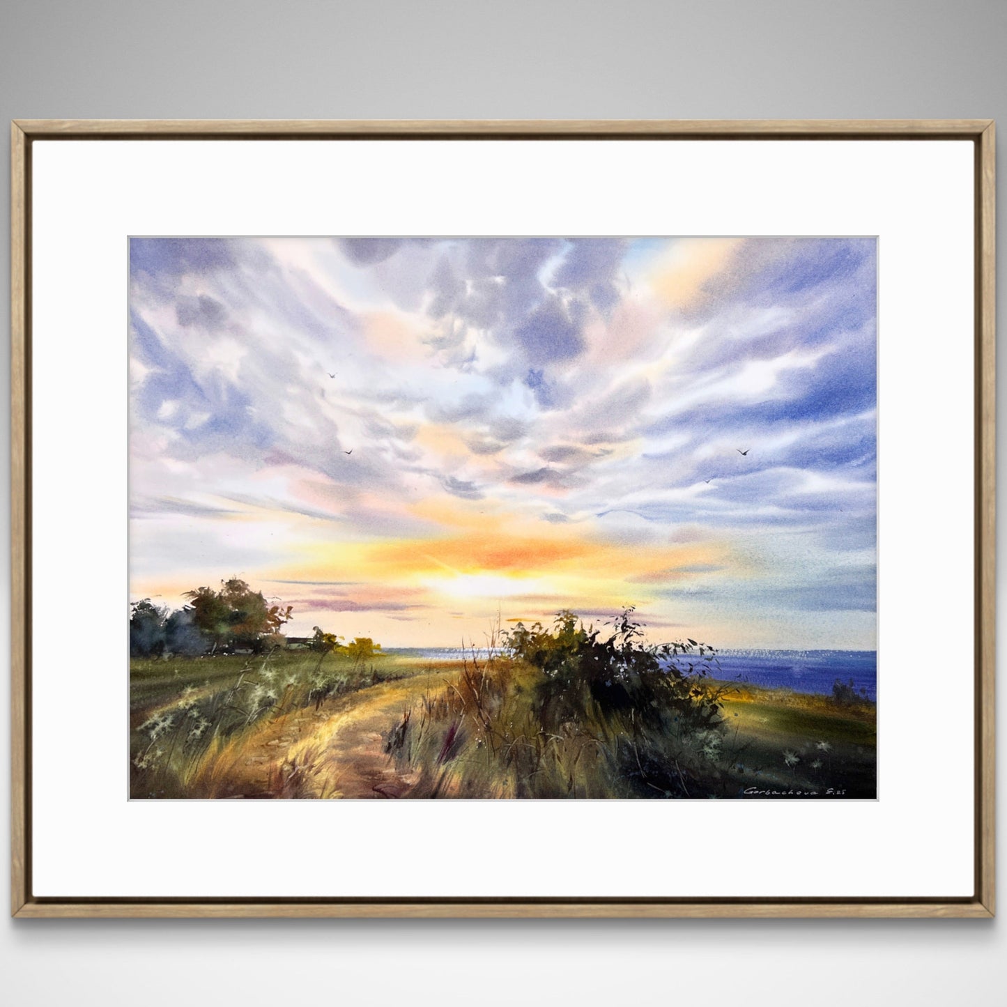 Original Cyprus Coast Watercolor Painting | Golden skyline of Cyprus 12x16 in