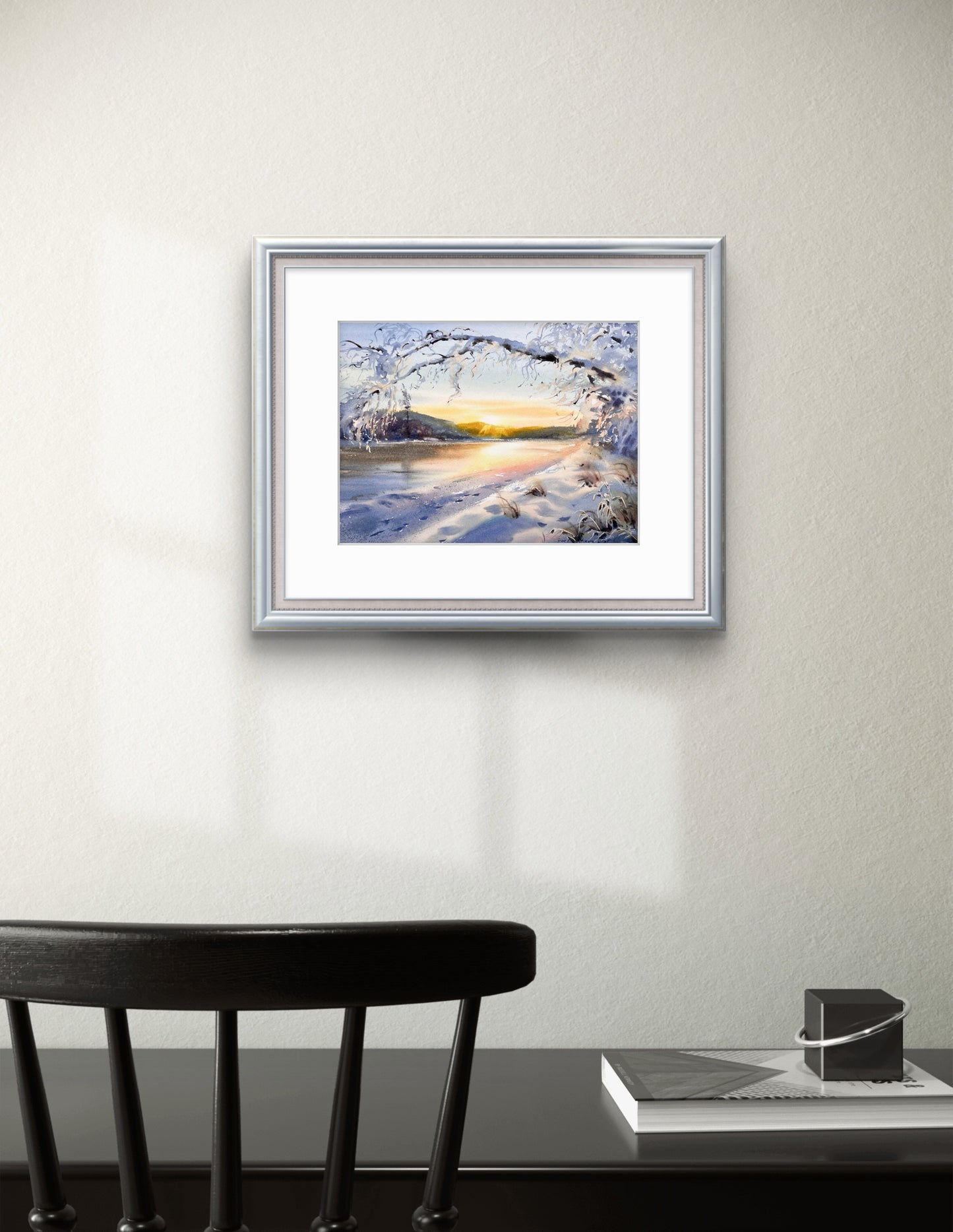 Winter Sunrise Watercolor Painting, Original Snowy Landscape Art, Golden Winter Hush 9X12