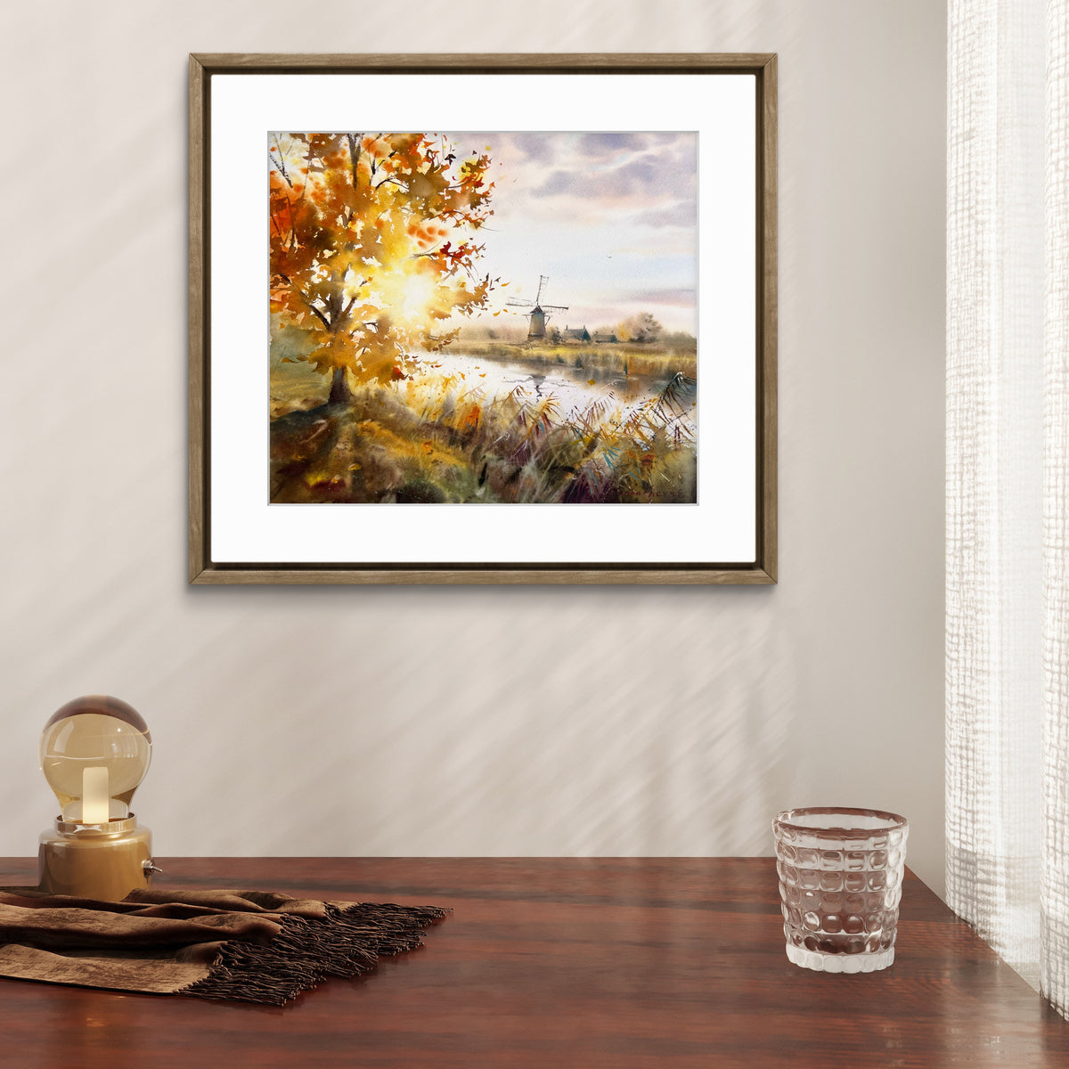 Autumn Watercolor Landscape, Windmill Painting, Original Fall Art, Whispers of Autumn 12x14