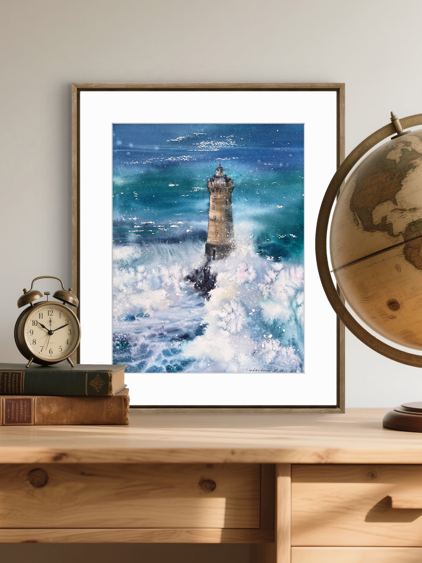 Dramatic Lighthouse Watercolor Painting, Ocean Storm Art, Silent Ocean Guardian 11x15