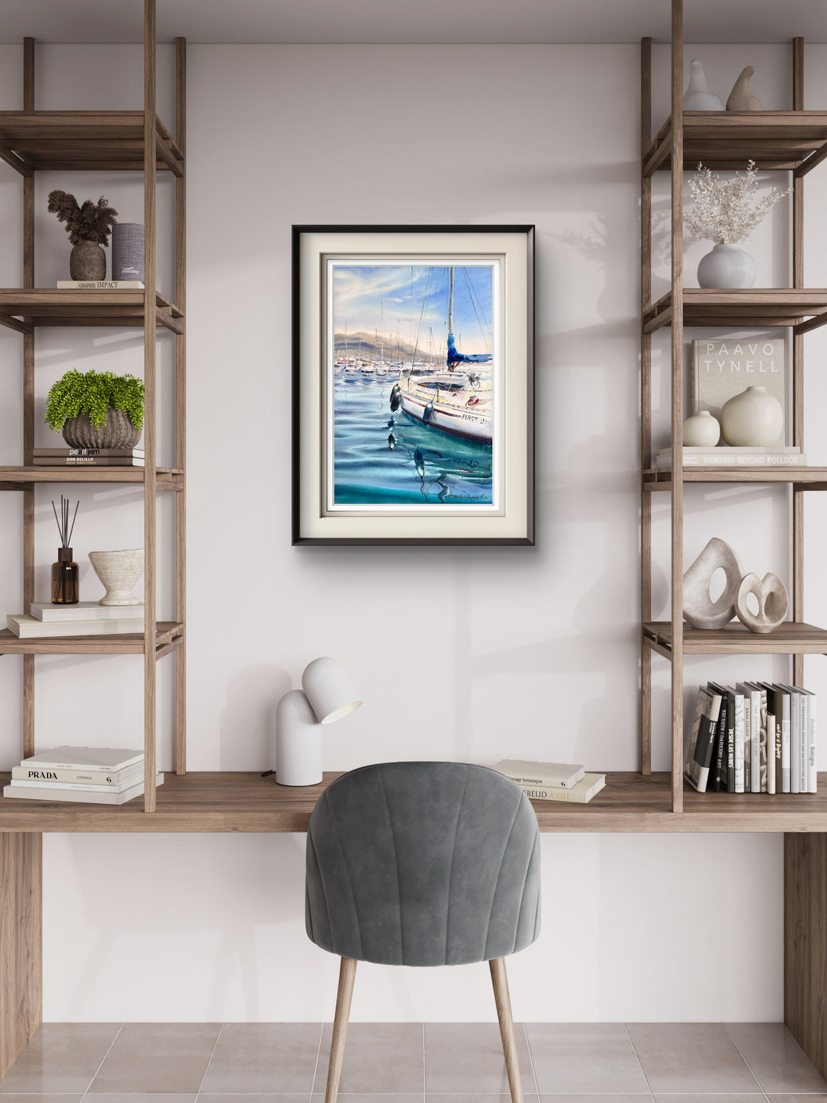 Sailboat Watercolor Painting, Coastal Marina Art, Waiting for the Wind 15x22