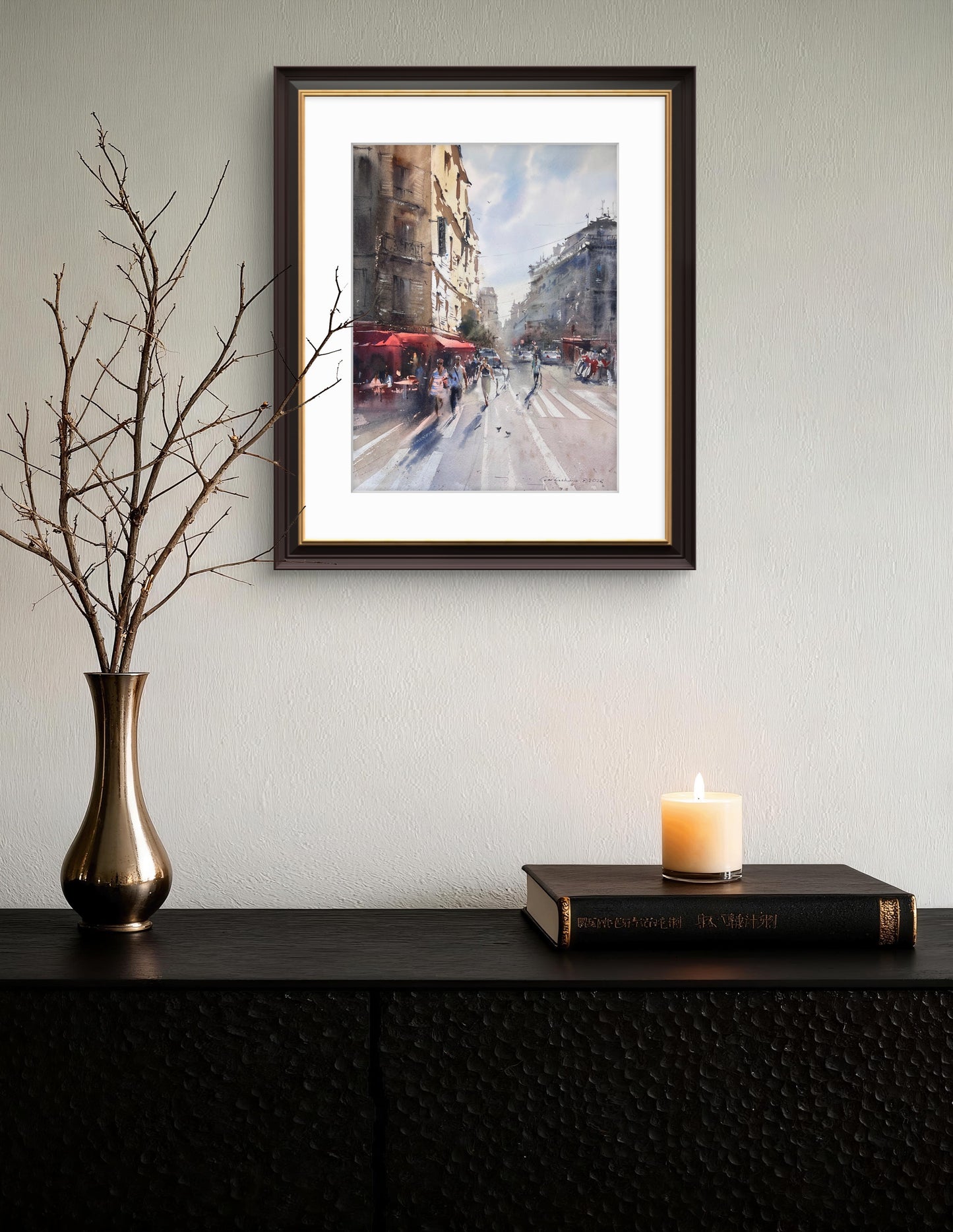 Paris Street Scene Watercolor Painting, The Golden Boulevard of Paris 12x16