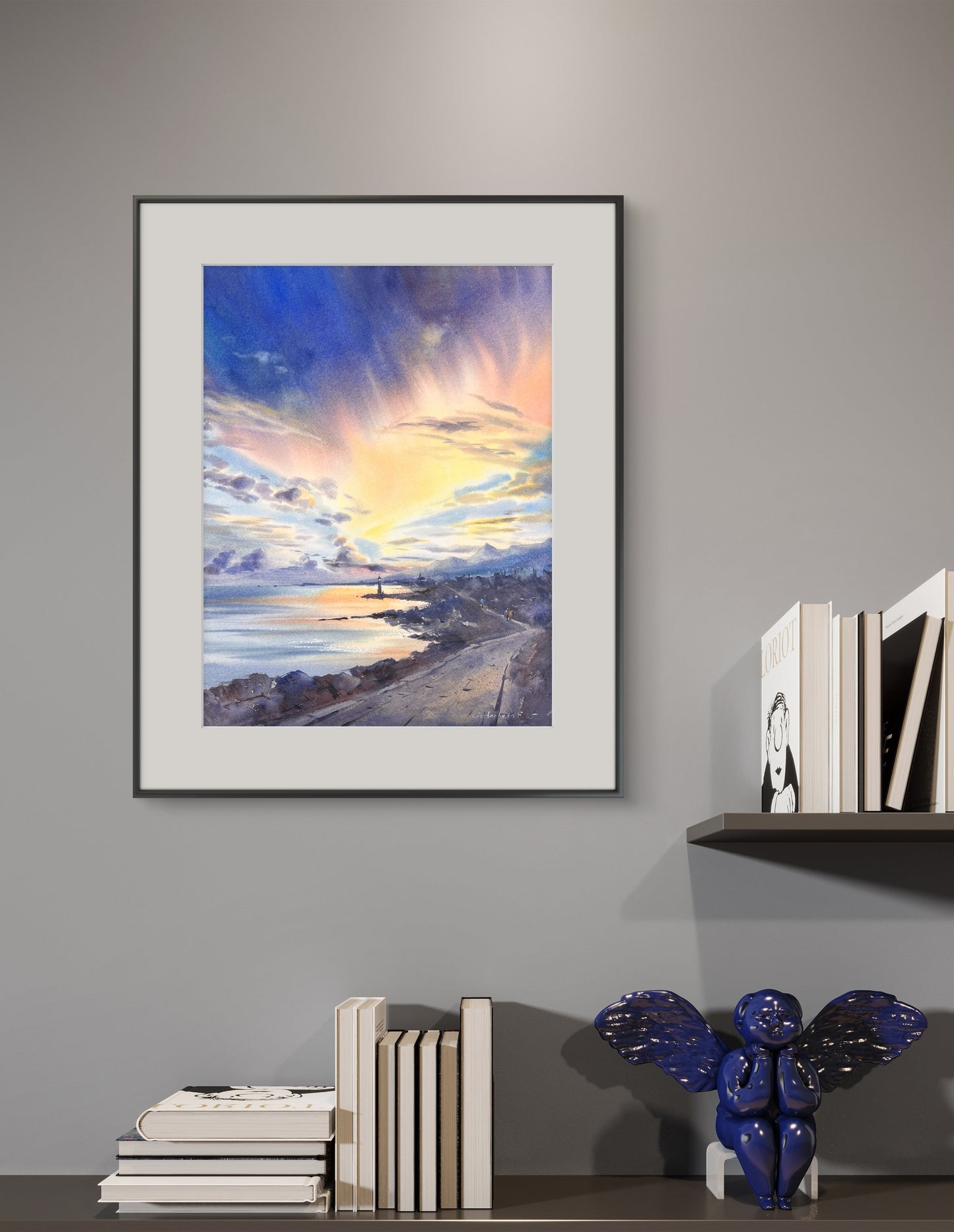 Lighthouse at Sunset Watercolor Painting | Nautical Ocean Wall Decor | Sunset Road and Lighthouse 12x16 in