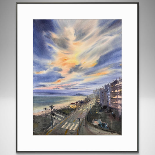 Watercolor Spain Sunset Cityscape, Coastal Beach Road Painting, Spain in Amber Clouds  12x16 in