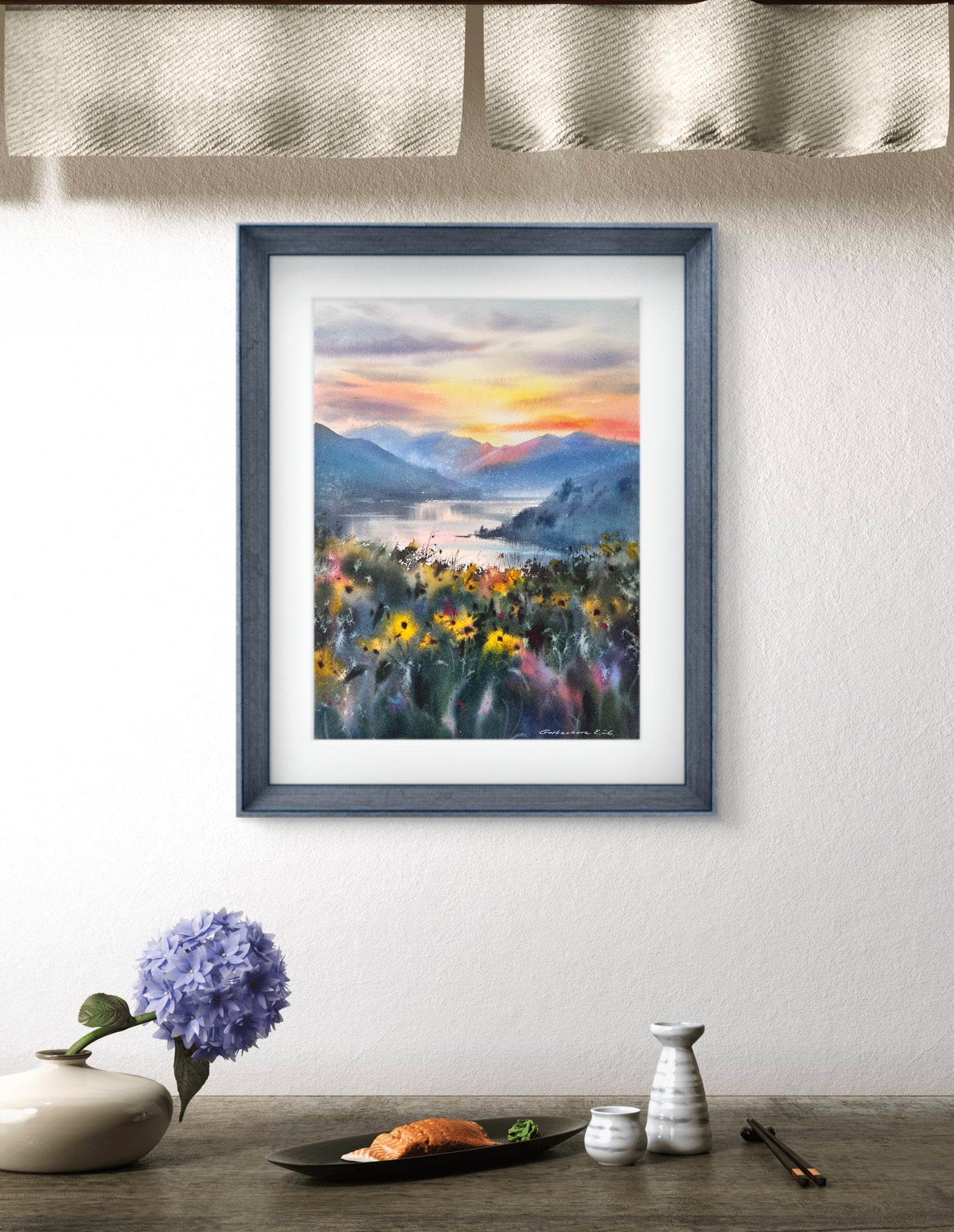 Oregon Watercolor Landscape Sunset, Mountain Lake Wildflowers, Golden Quiet Oregon 9x12