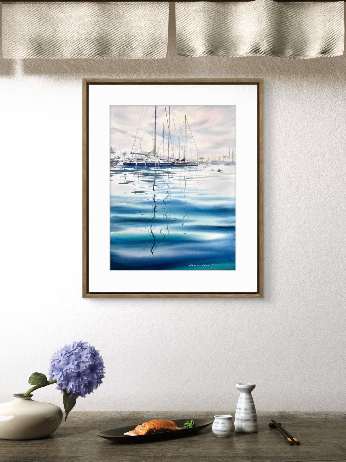 Sailboat Watercolor Painting, Blue Marina Wall Art, The Blue Silence 12x16