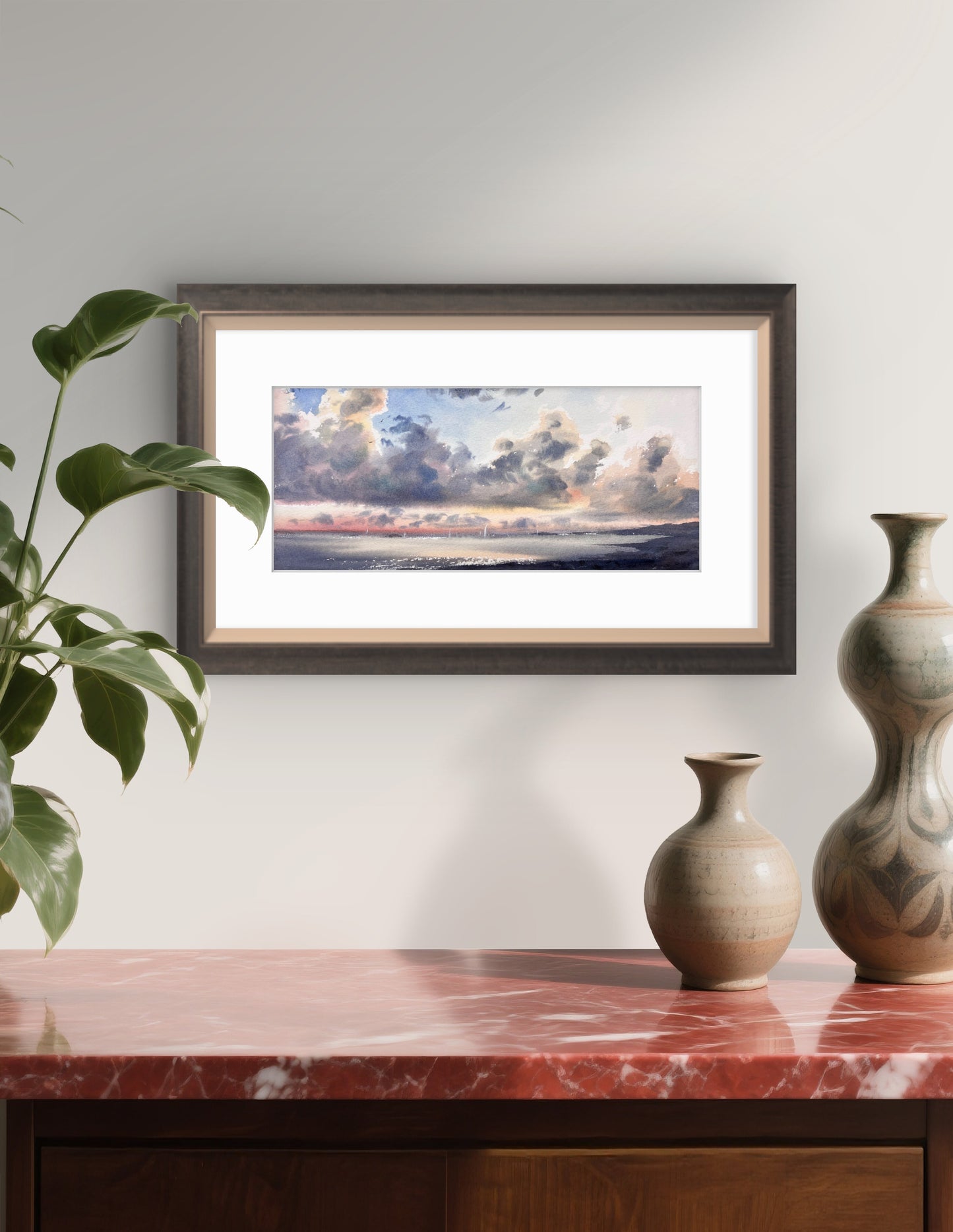 Watercolor Ocean Sunset Art, Dramatic Clouds Sunset Ocean Painting, Yachts at sunset #22 6x13