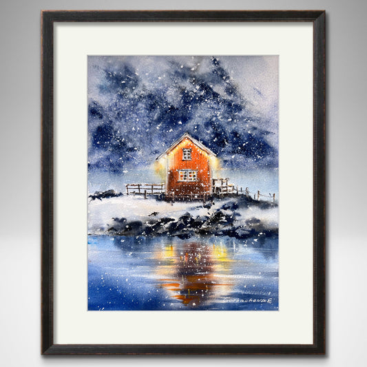 Winter Tale #5 Watercolor Art - Snow-Covered Night Scene Painting