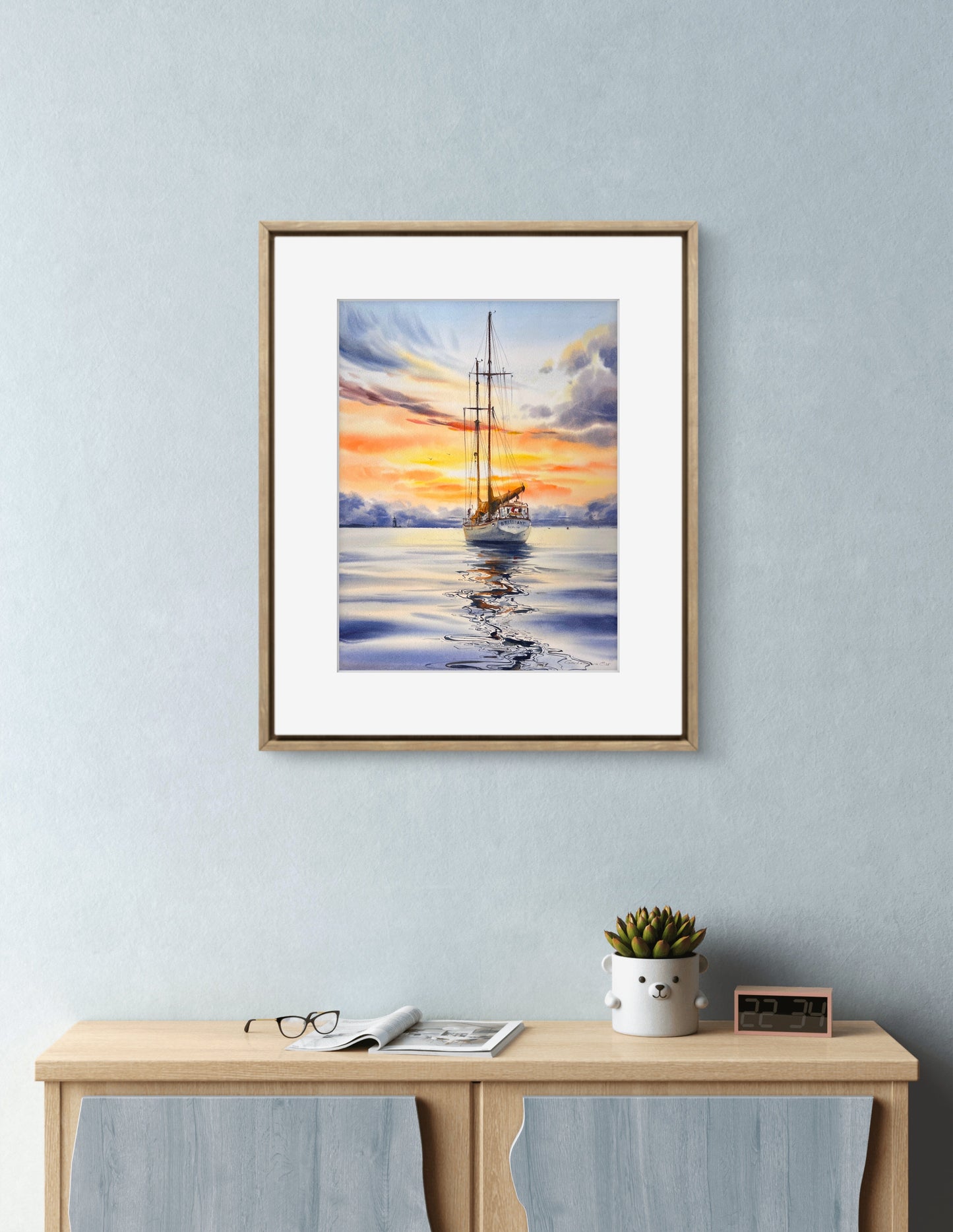 Original Watercolor Painting | Schooner Brilliant at Sunset |Golden hour on a yacht 12x16 in