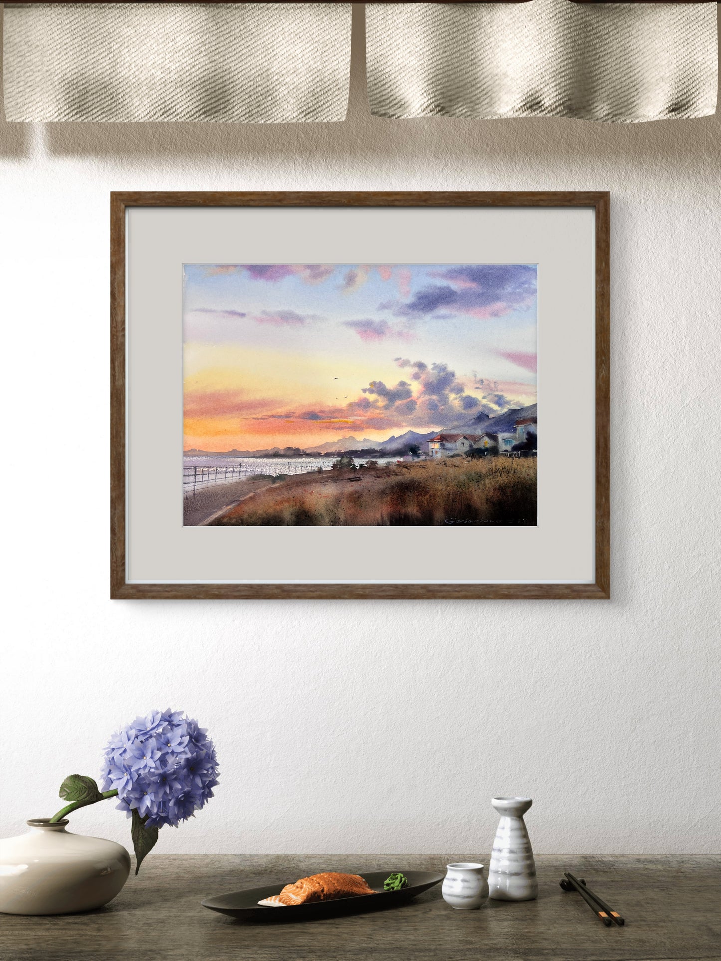Cyprus Watercolor Painting, Coastal Village Art, Sunset Landscape, Cyprus in Golden Light 11x14 in