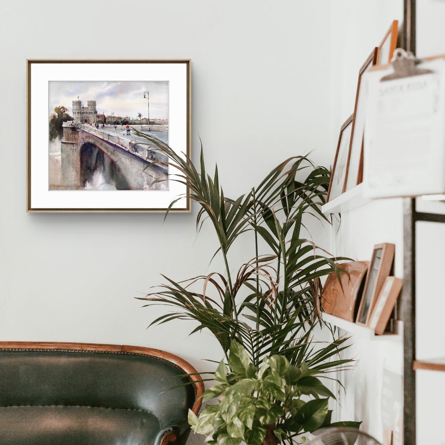 Valencia Watercolor Painting Print, Historic Bridge Torres de Serranos, Valencia Dreaming Towers 14x14.4