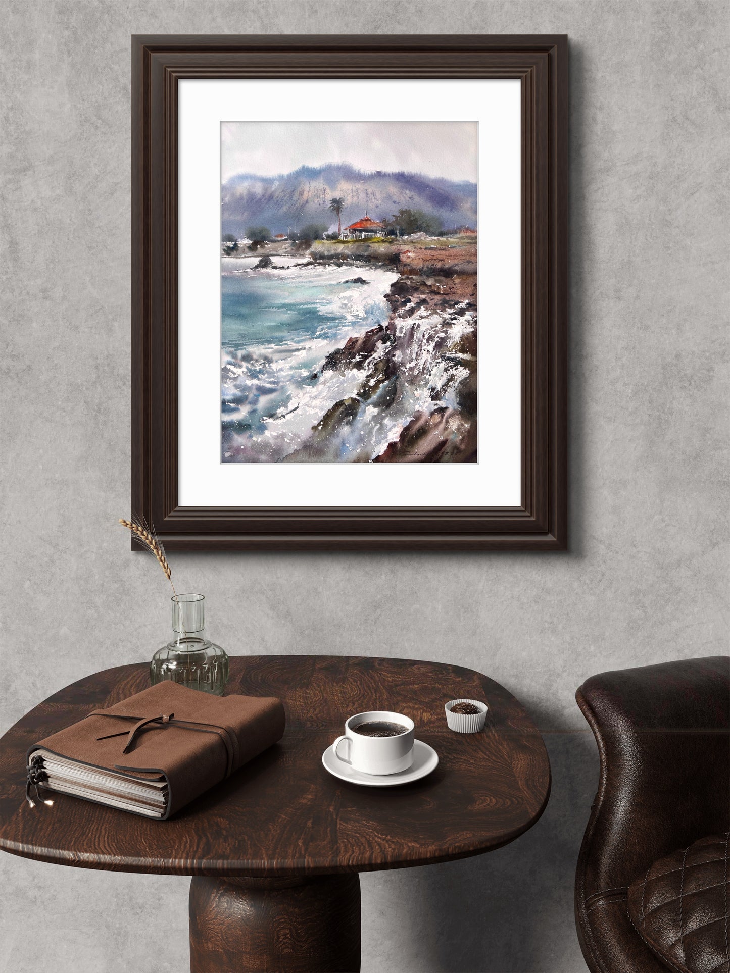 Cyprus Watercolor Painting, Coastal Seascape Art, House on the coast of Cyprus #2 12x16