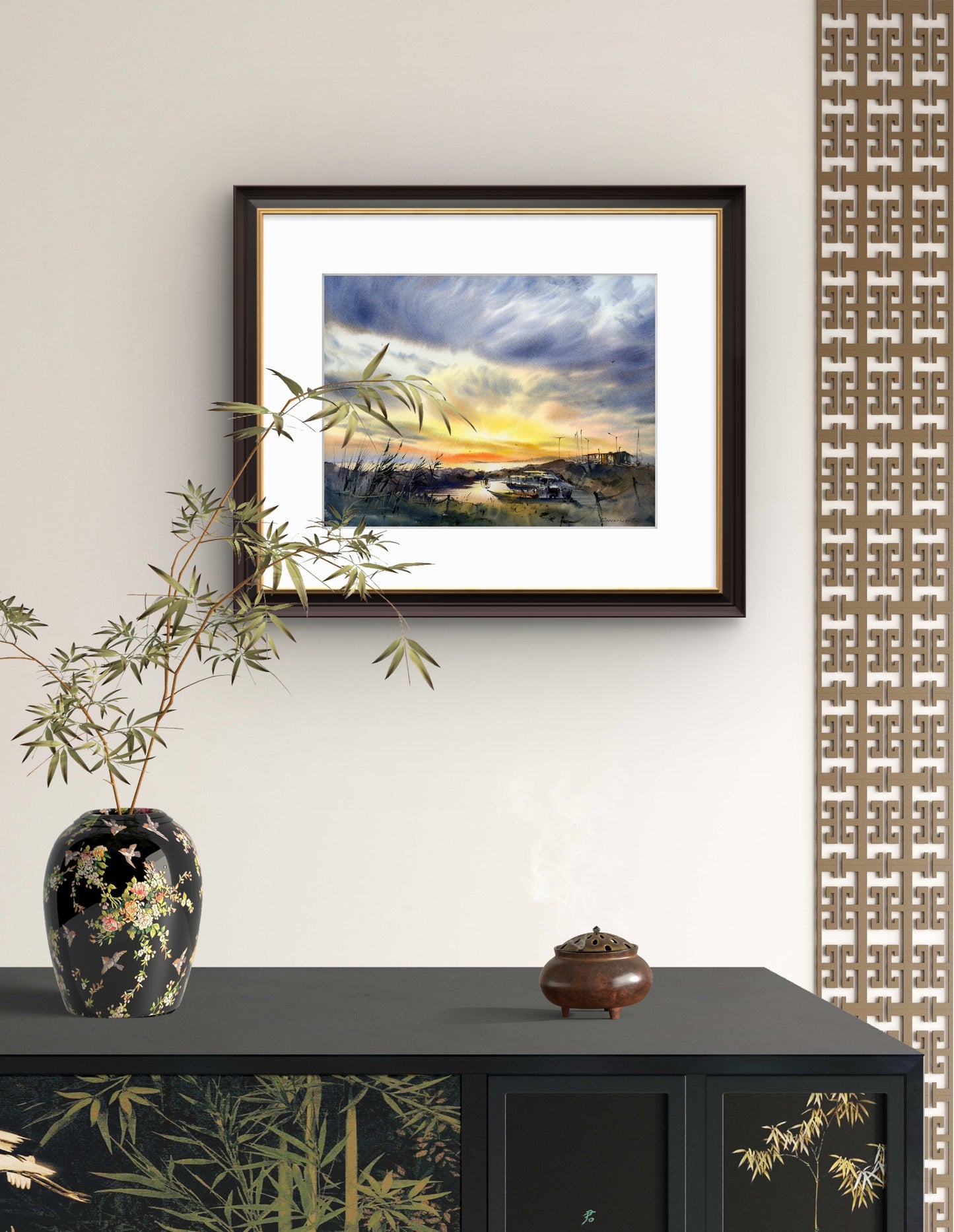 Original Watercolor Painting: Boats on Pier Sunset #4 12x16 in