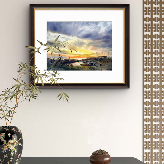 Original Watercolor Painting: Boats on Pier Sunset #4 12x16 in