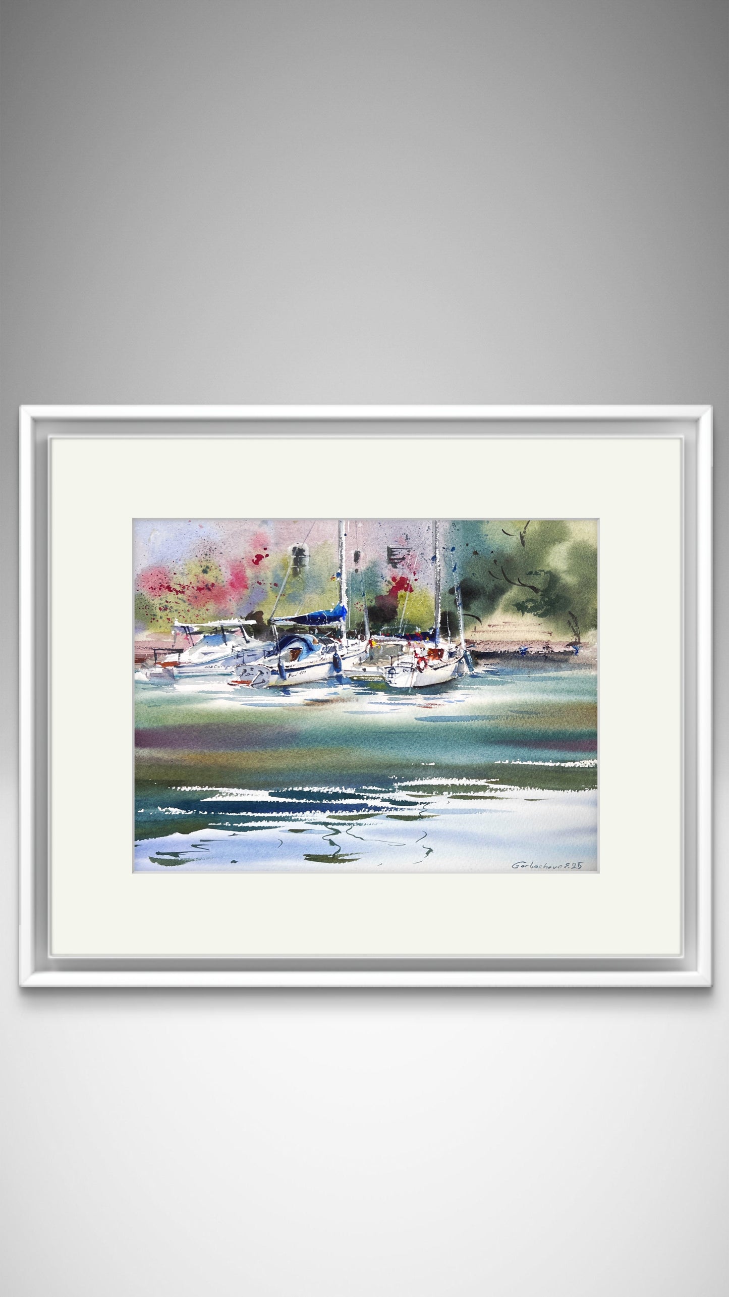 Watercolor Sailboats Painting, Coastal Marina Art, Anchored in Light 9x12