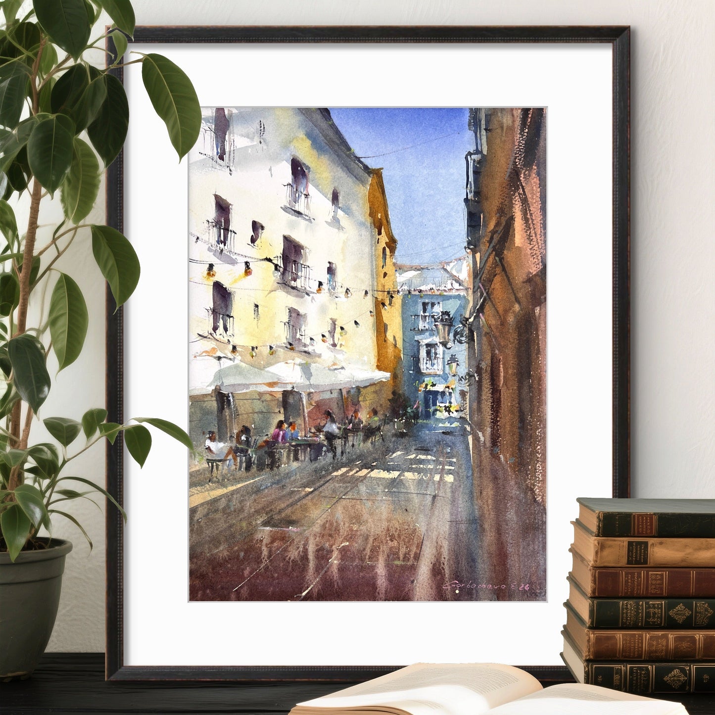 Valencia Street Watercolor Painting, Spanish Cityscape Art, Sunlit Valencia Alley 11x15