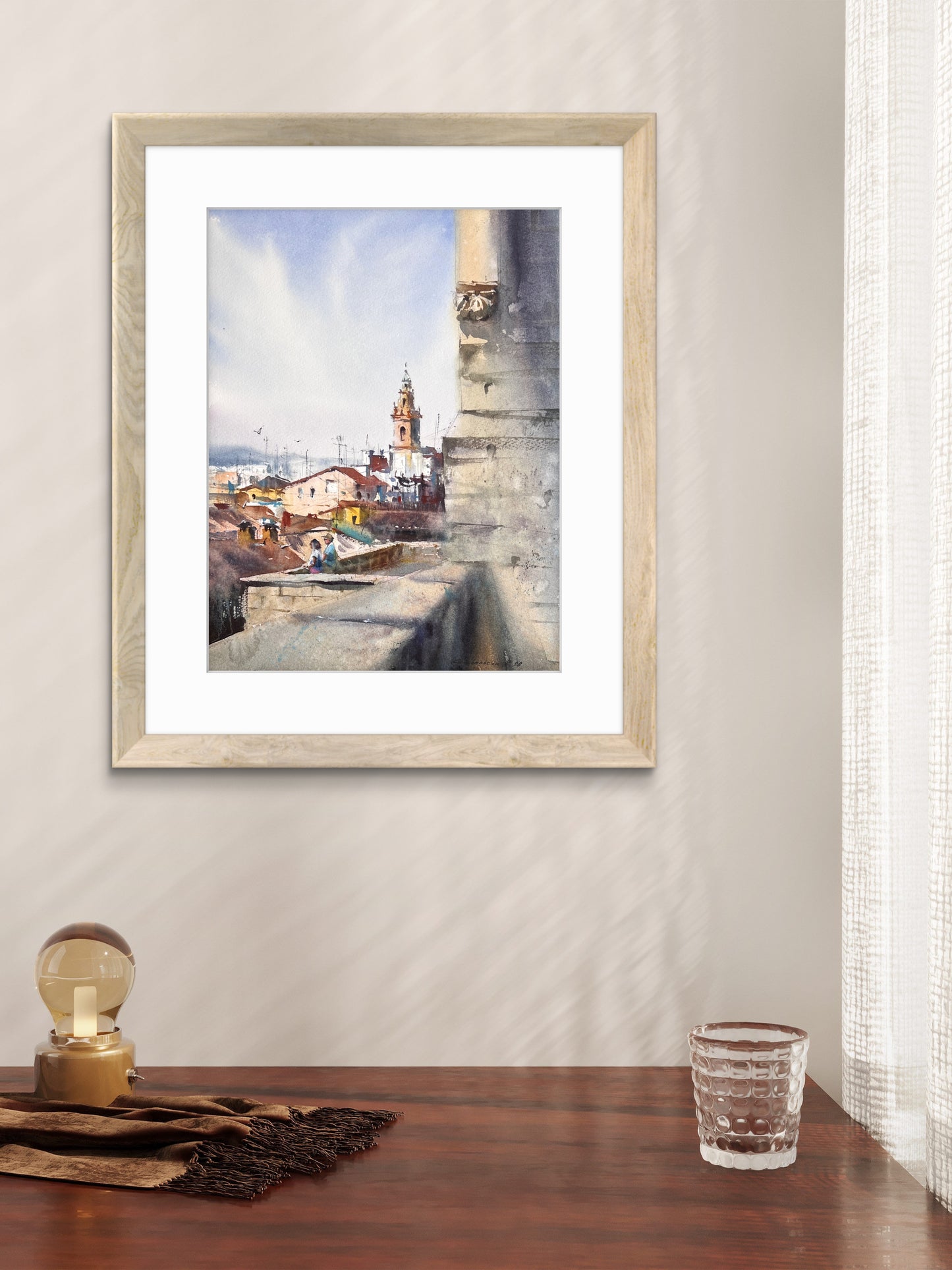 Spanish Watercolor Cityscape Painting, Old Town Rooftops, Sun Over Old Spain 11x15
