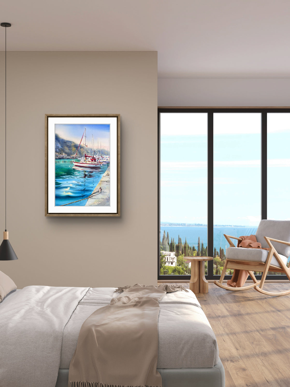 Sailboat Watercolor Painting, Coastal Marina Artwork, Waiting for the Wind #2 15x22 (Copy)
