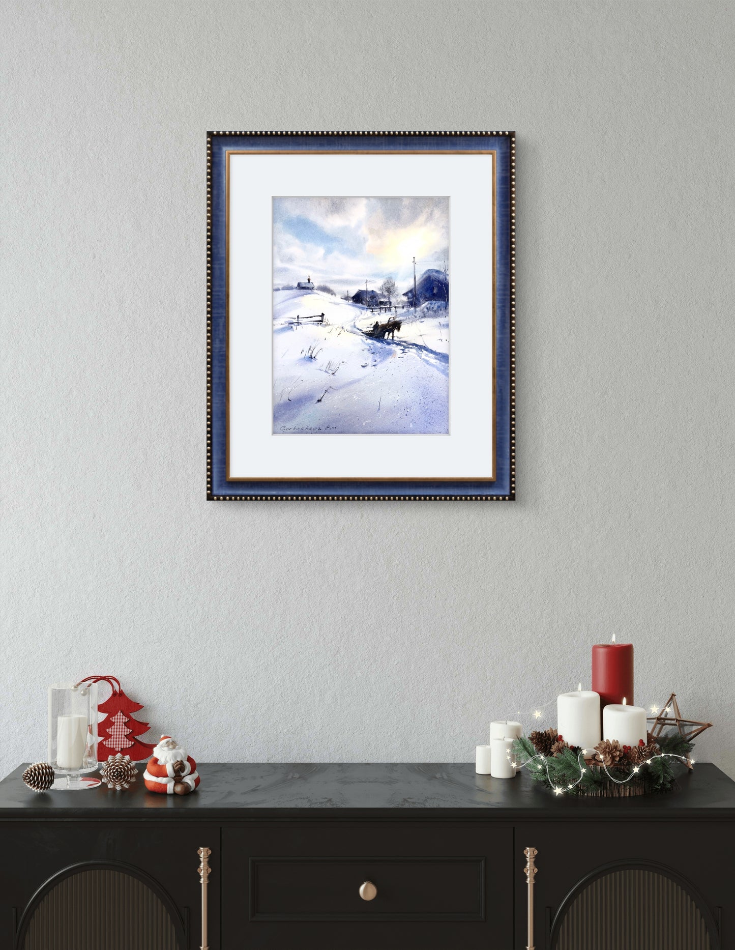 Original Watercolor Winter Landscape Painting, Horse Sleigh Art, Snowy Village Scene, An Old Winter Tale