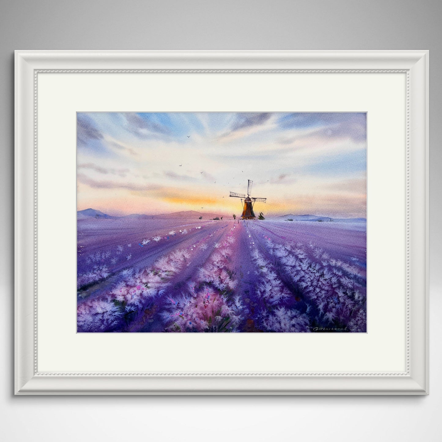 Lavender painting watercolor artwork, serene French lavender fields and mill, Whispers of Provence 12x16