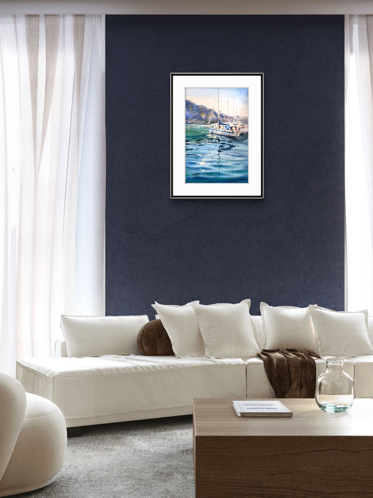 Underwater Light Watercolor, Sailboat Painting, Underwater Light 15x22