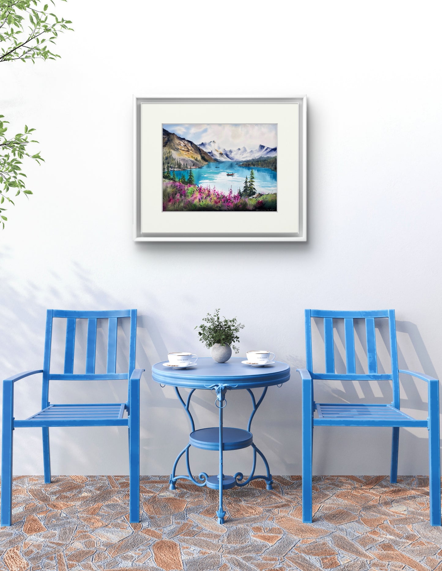 Watercolor Mountain Lake Art, Horizontal 16x12 in Turquoise Lake Landscape Painting