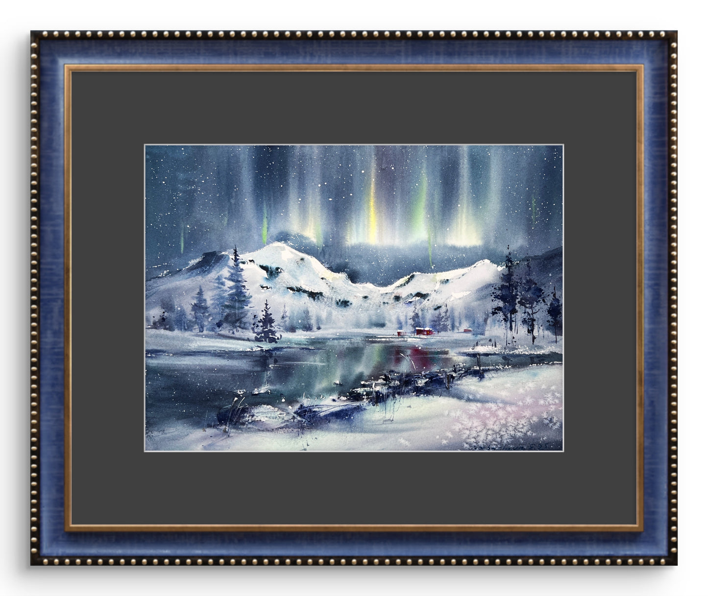 Watercolor Northern Lights Painting, Original Winter Landscape Art, Winter Magic 9x12 (Copy)