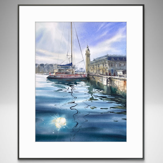 Spanish Harbor Watercolor Painting, Sailboat Marina Art, Still Waters of Spain 12x16