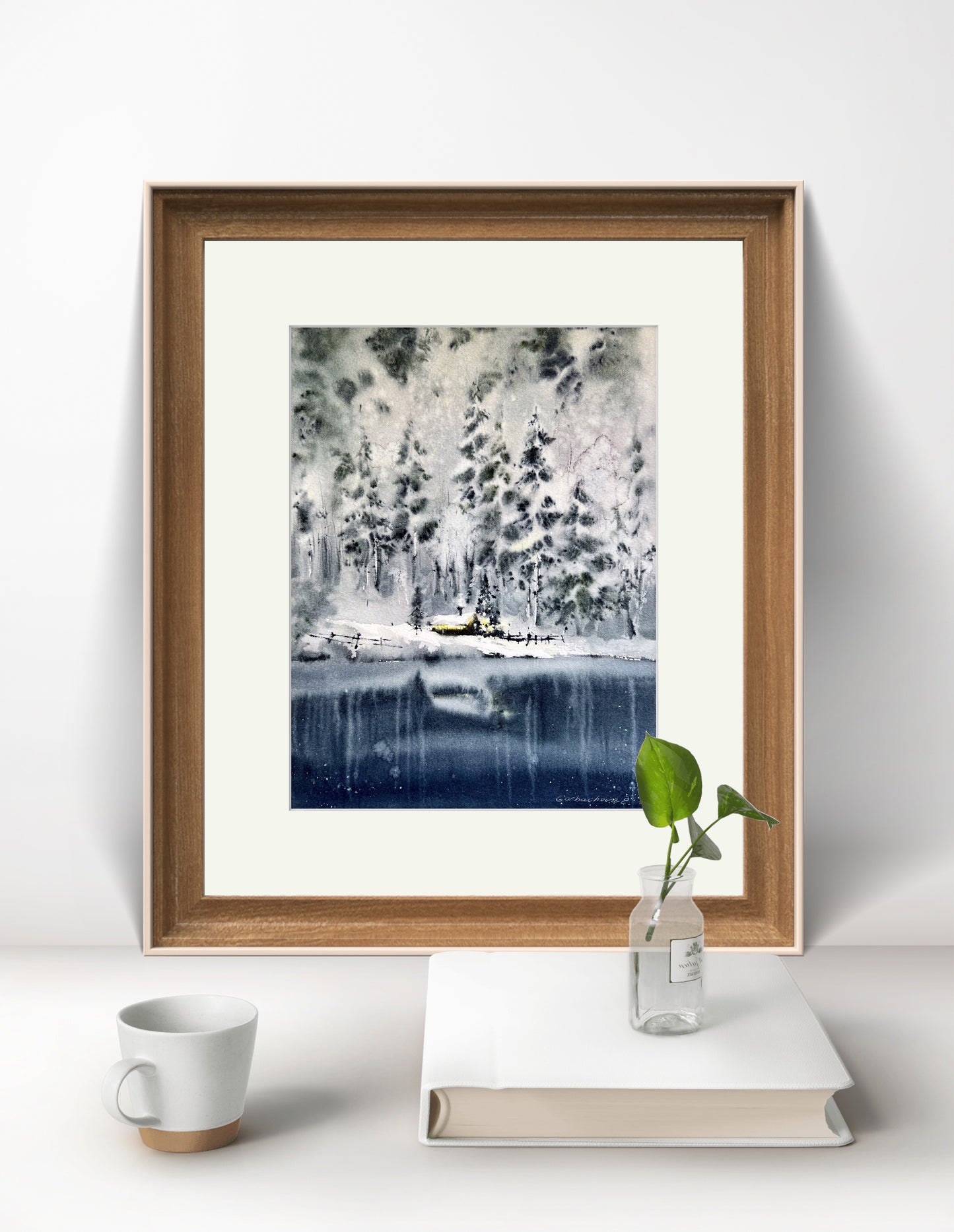 Forest Winter Scene Watercolor Original - Frosty Mountain Artwork, Landscape Painting