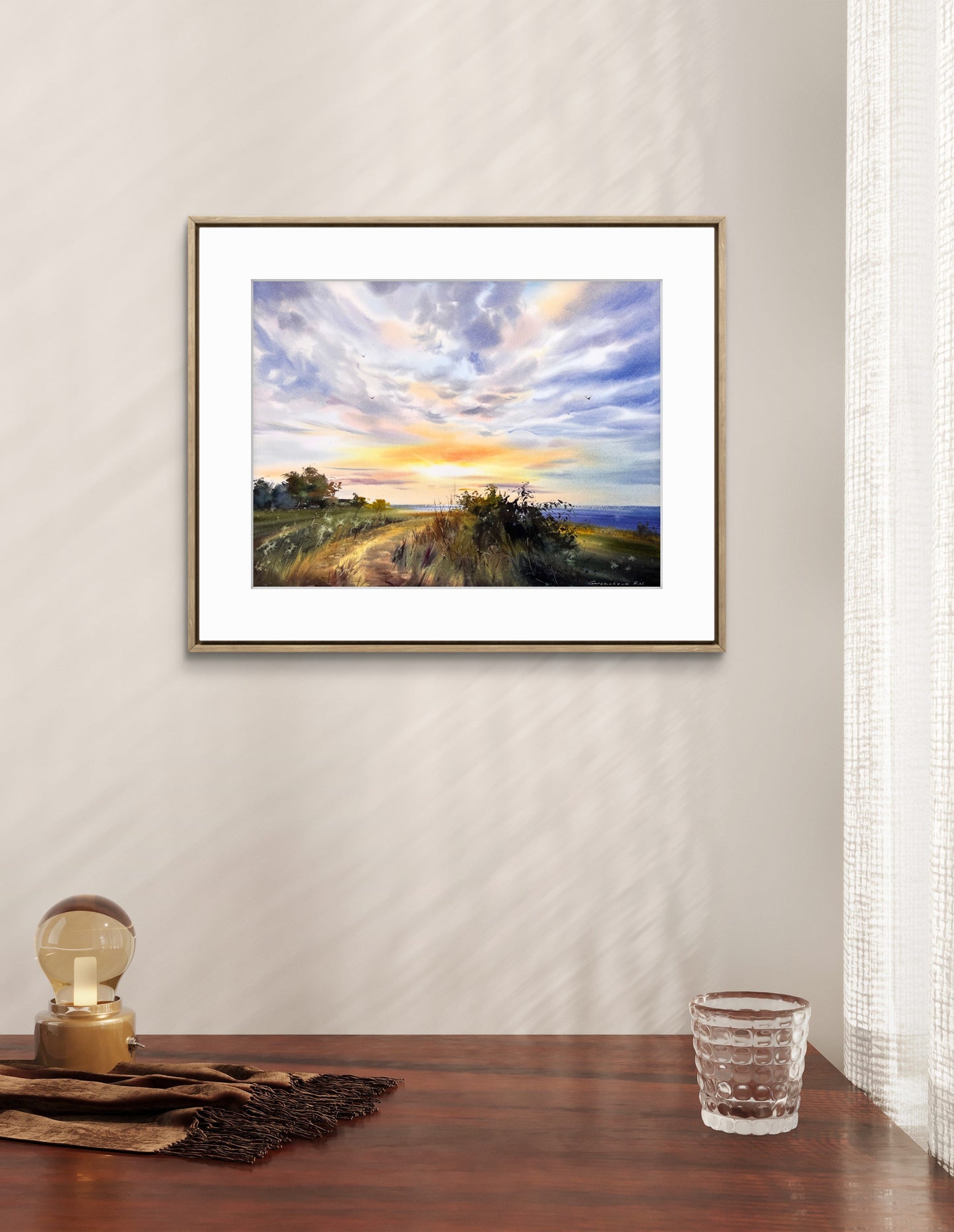 Original Cyprus Coast Watercolor Painting | Golden skyline of Cyprus 12x16 in